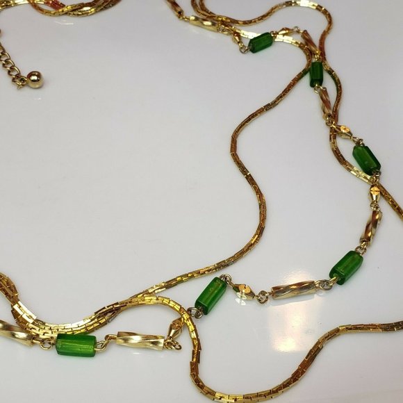Vintage Gold Tone 3- Strand Chain Necklace 25" Statement Chain Green Glass Beads - Picture 5 of 12
